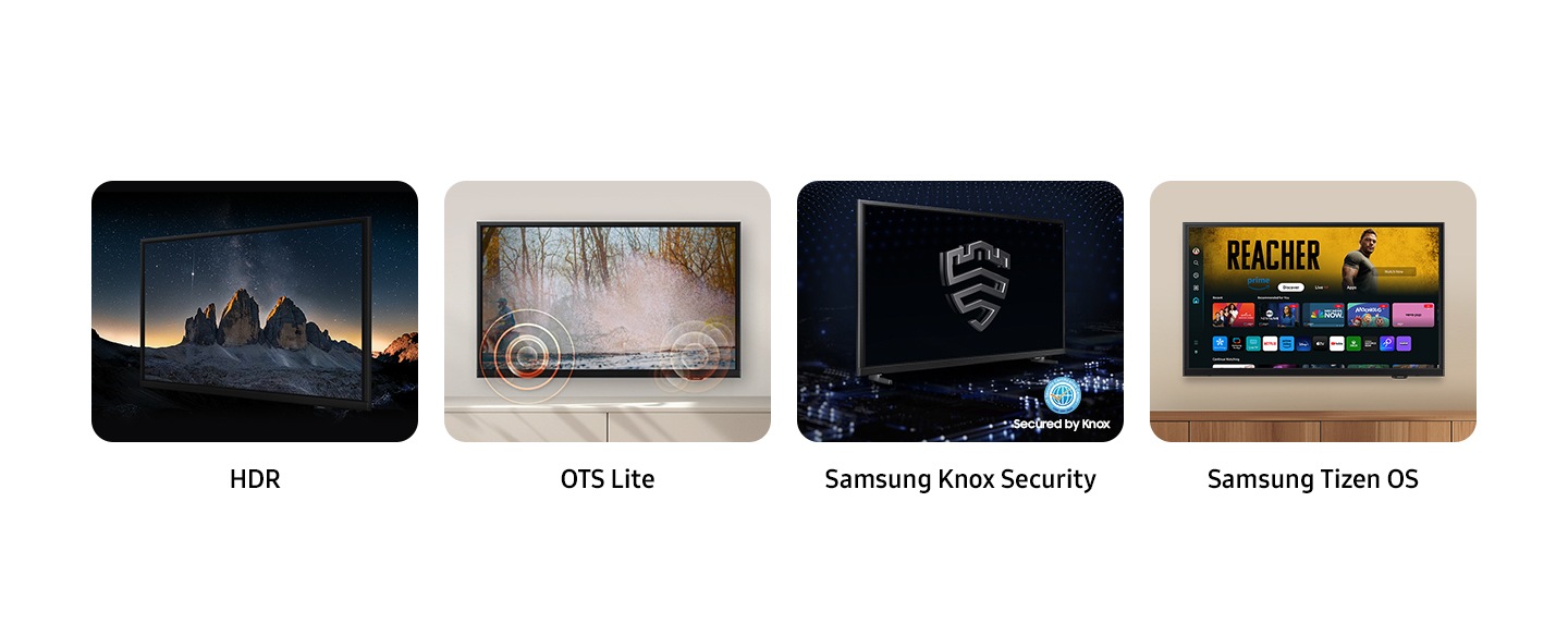 HDR, OTS Lite, Samsung Tizen OS and Samsung Knox with a Secured by Knox logo are shown as the key features for this TV. HDR makes a nighttime scene of mountains look clear and vivid, OTS Lite plays sound waves on screen, Samsung Tizen OS displays entertainment and streaming options and Samsung Knox displays the Samsung Knox logo on a black screen.