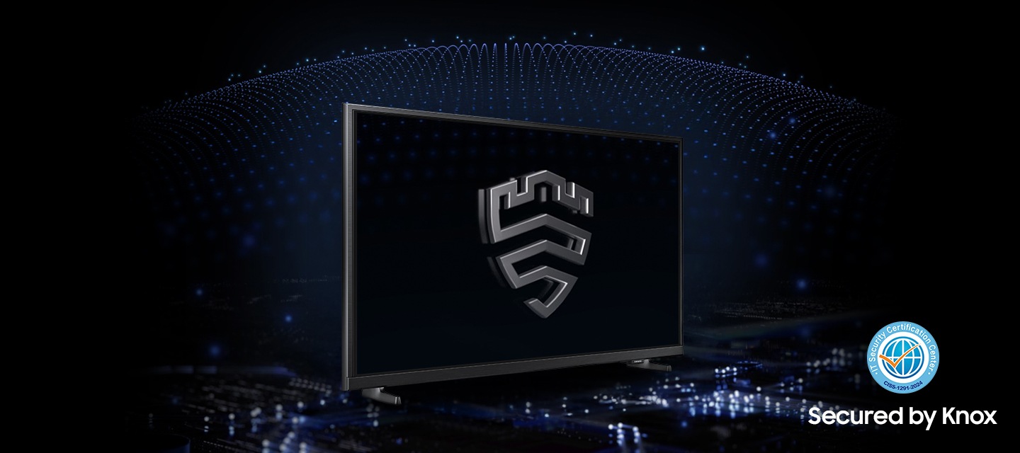 A multi-layered security solution is creating a dome-like enclosure behind a TV that's secured by Knox. The screen features the Samsung Knox emblem. The text Your privacy. Secured. Only on Samsung TV is on display on top.