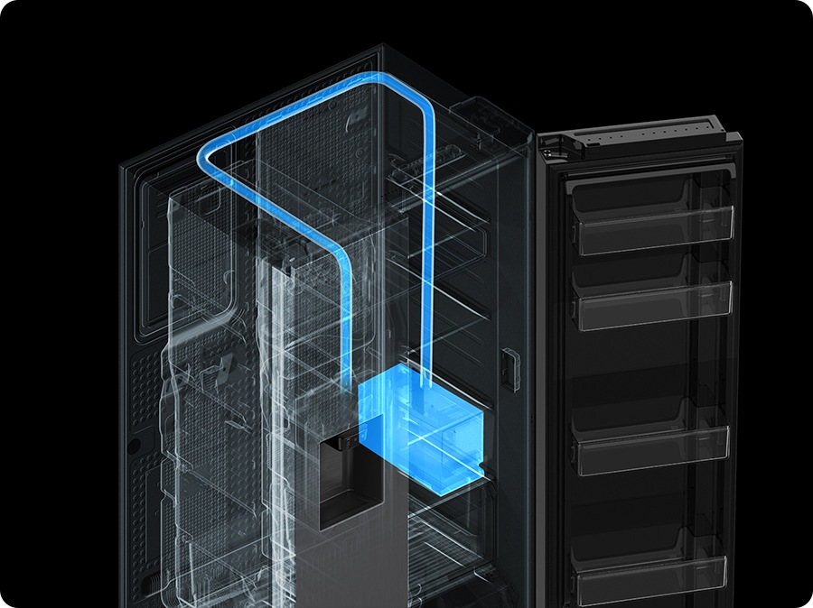Shows transparent refrigerator, water is moving from the water tank to the Non-plumbing Water Dispenser.