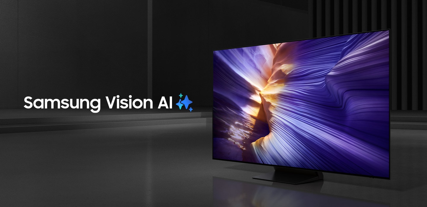 An OLED TV with Samsung Vision AI displays purple structures like glaciers on its screen.