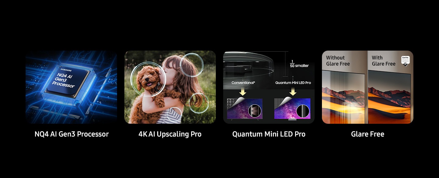Samsung NQ4 AI Gen3 Processor. 4K AI Upscaling Pro. Glare Free shows screens Without Glare Free and With Glare Free. Neo Quantum HDR+ shows split screens for SDR and HDR10+ Adaptive / Gaming.