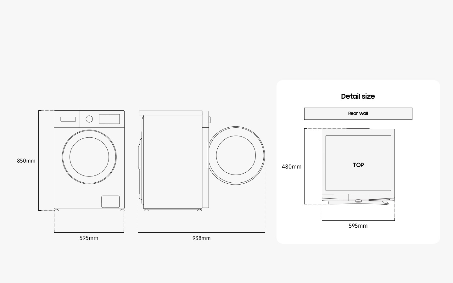 Illustration shows the washer’s dimensions from the front, side, and top. Detail size of washer is measured 595mm in width, 850mm in height, and 480mm in depth. When the door in the front is opened, it measures 913mm in total depth. The washer must be installed with some spacing from the rear wall.