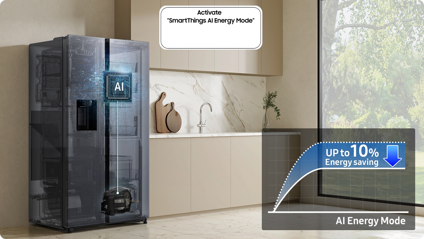 The refrigerator installed in the kitchen with the Activate “SmartThings AI Energy Mode” button ON. The AI Energy Mode is turned on, AI activated to check internal and manage the compressor, and a graph shows the UP to 10% Energy Saving effect when in AI Energy Mode compared to Normal mode.