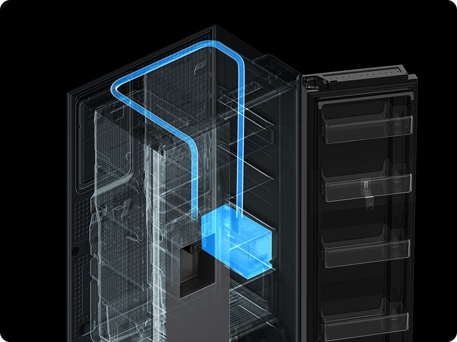 Shows transparent refrigerator, water is moving from the water tank to the Non-plumbing Water Dispenser.