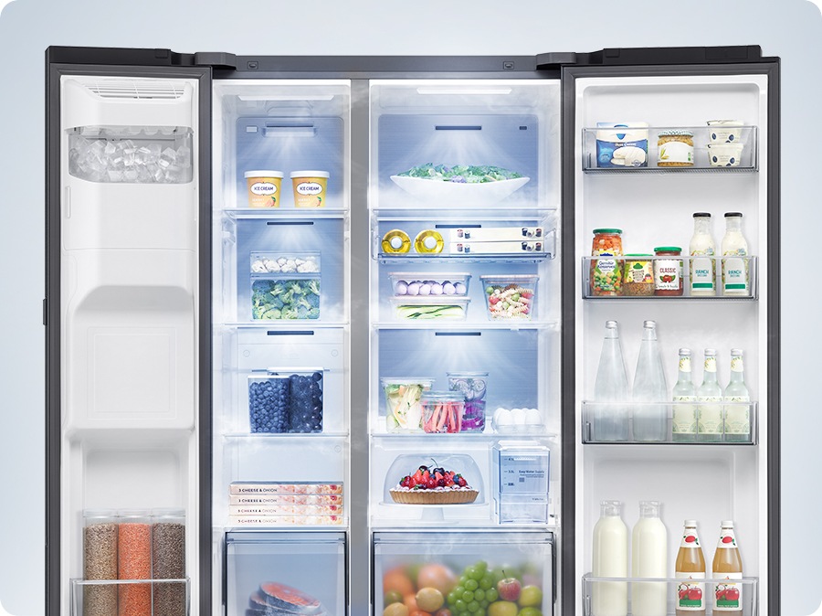 A refrigerator filled with various foods is open. Cool air comes out through vents in each compartment to maintain the optimum temperature for the food to stay fresh.