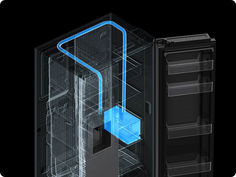 Shows transparent refrigerator, water is moving from the water tank to the Non-plumbing Water Dispenser.