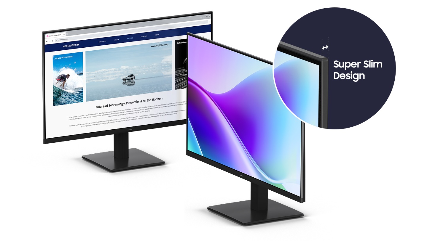 Two monitors are placed at diagonal angles, and the monitor thickness is super slim design.