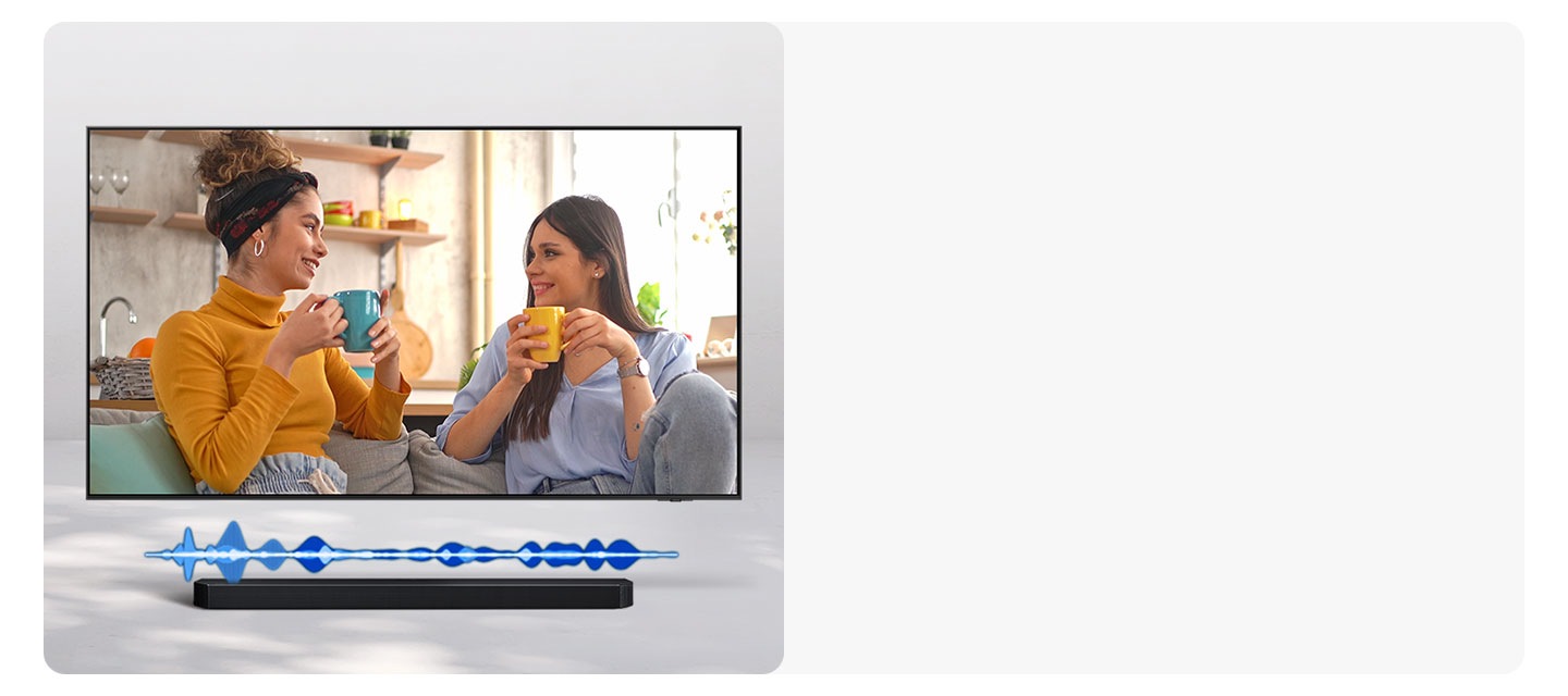 A TV cycles through different scenes, including a chat between two women, a sports game, a music-related scene and a cinematic shot of a spaceship taking off. With each scene, the soundbar installed underneath the TV plays a different level of volume, indicated by a fluctuating audio bar.