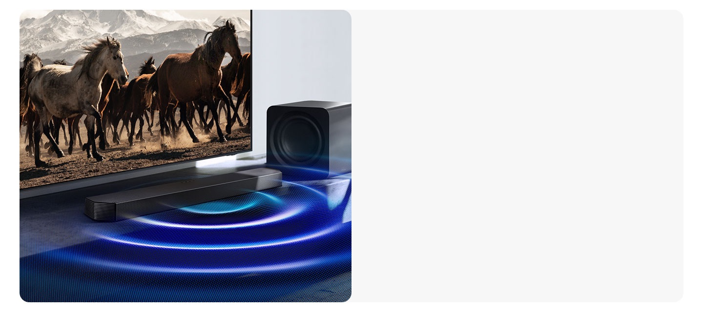 Sound waves stream from a Samsung soundbar placed under a TV, while the subwoofer next to it is muted.