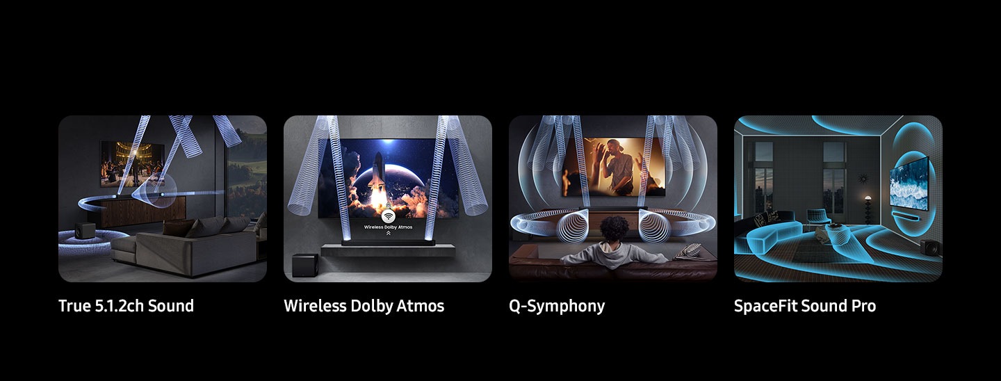 Key features at a glance - 5.1.2ch Sound - Wireless Dolby Atmos - Q-Symphony - SpaceFit Sound Pro 