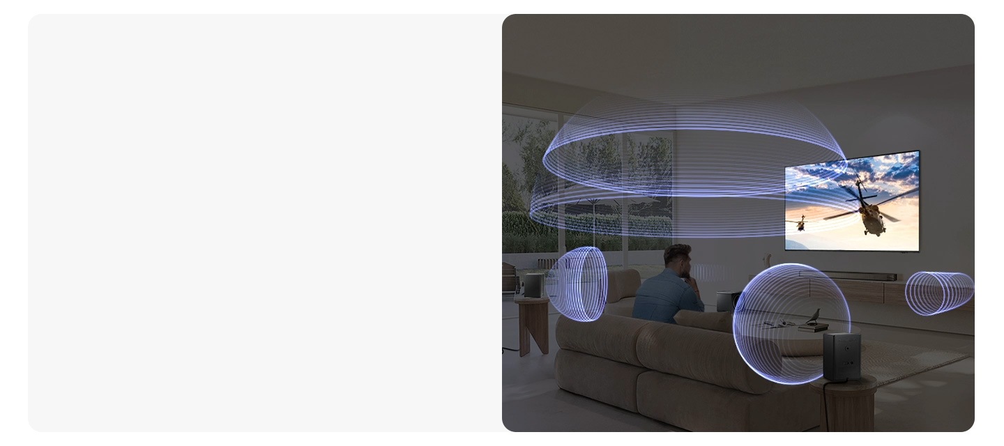 A man watches TV. A soundbar and rear speakers give off sound waves of various types, traveling in different directions.