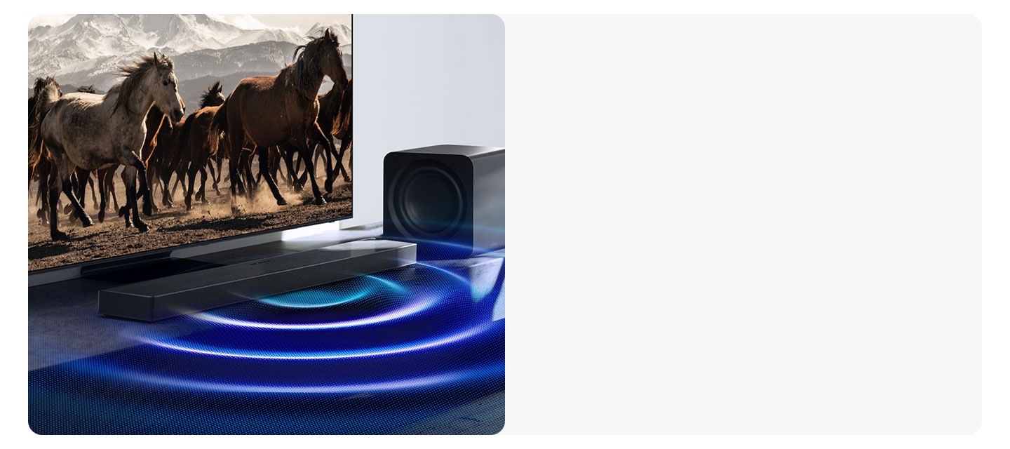 Sound waves stream from a Samsung soundbar placed under a TV, while the subwoofer next to it is muted.