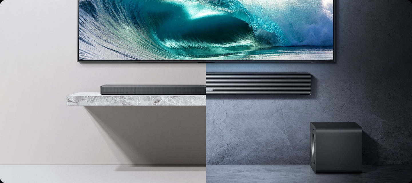 Two soundbars next to each other. One lies flat on a surface and one is mounted to a wall.