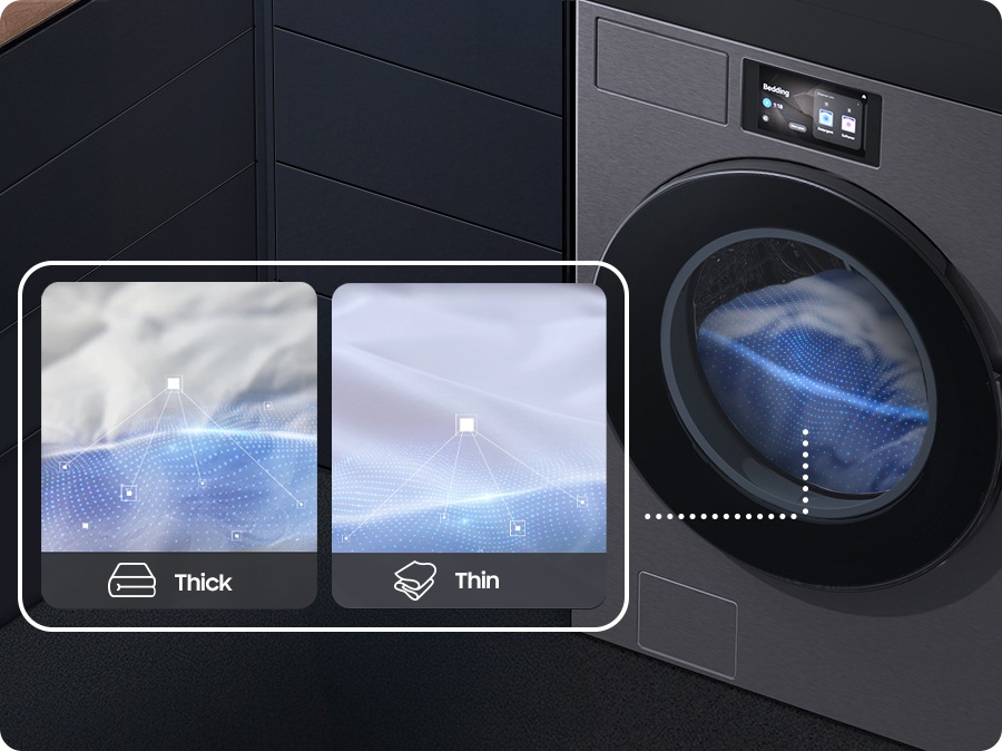 The duvet inside the washing machine drum is being scanned. The bedding cycle detects the duvet's thickness as either Thick or Thin, adjusting the wash time and water level accordingly.