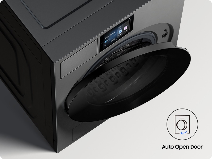 At the end of the course, the washer door opens automatically. The icon at the bottom right explains the Auto Open Door feature.