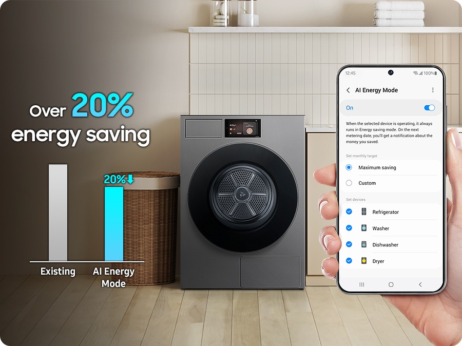 AI ​​Energy Mode is activated by checking the mode button to 'On' and selecting the device you want to run on Smartphone. It does energy saving over 20% in drying cycle more than existing.