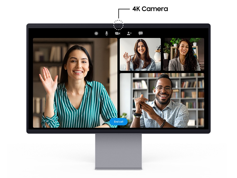There is a conference call on a monitor. And on the monitor, there is a 4K camera attached.מסך מחשב חכם 32 M9 M90SF 4K OLED מבית Samsung