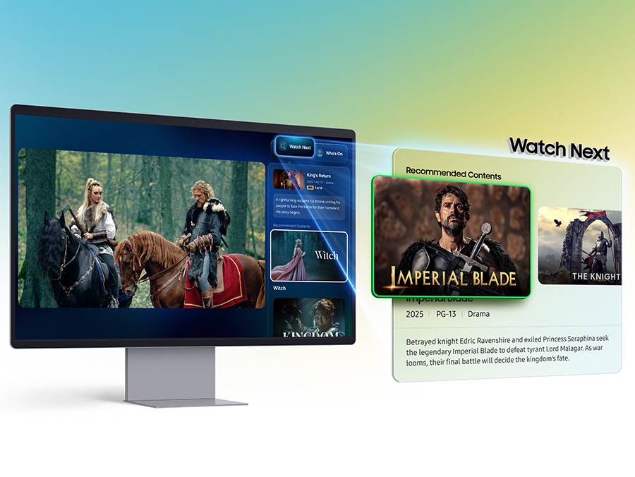 Monitor displays a scene of two characters riding a horse and Click to Search page on the right. Watch Next tab shows Imperial Blade preview image under Recommended Contents. Relevant details of content are shown.מסך מחשב חכם 32 M9 M90SF 4K OLED מבית Samsung