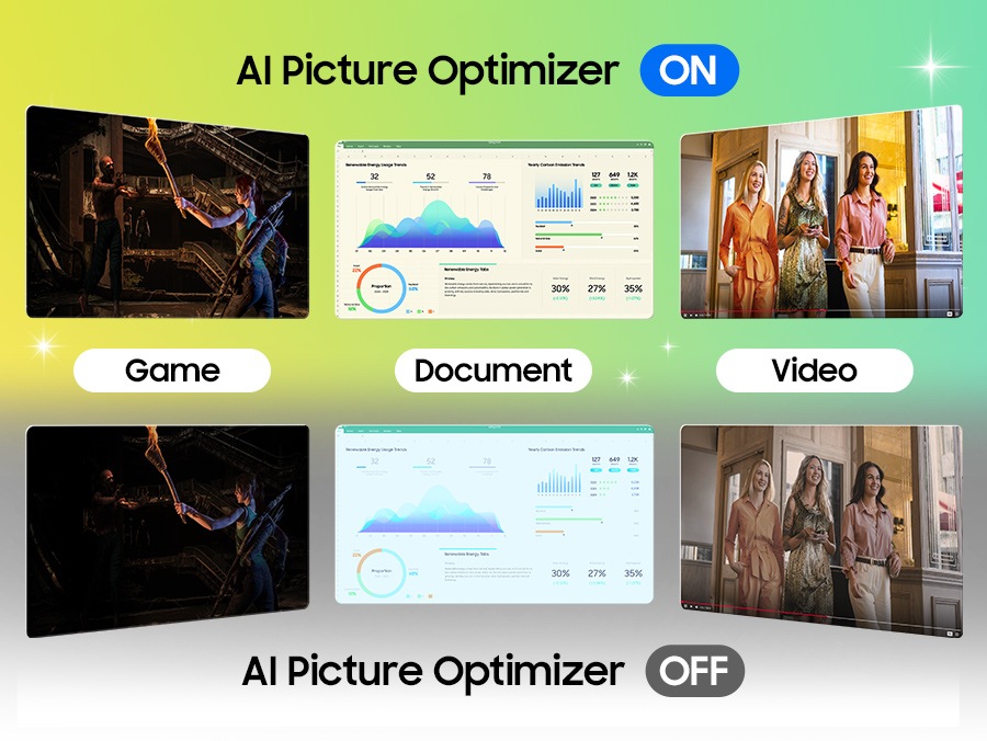 AI Picture Optimizer ON shows clearer game, document, and video than AI Picture Optimizer OFF.מסך מחשב חכם 32 M9 M90SF 4K OLED מבית Samsung