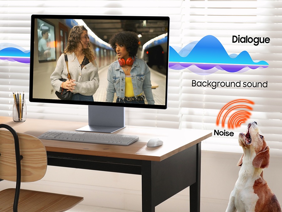 A modern monitor setup and a dog barking. Active Voice Amplifier Pro enhances Dialogue sound and Background sound becomes quieter.מסך מחשב חכם 32 M9 M90SF 4K OLED מבית Samsung