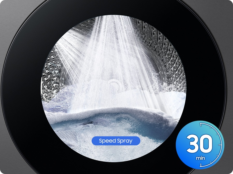 The drum of the washer is filled with bubbles and a spray of water. Speed Spray technology can shoot powerful jets of water, rapidly penetrating a large area of fabric. Fast bubble penetration of Bubble Shot. The entire washing process takes 30min.