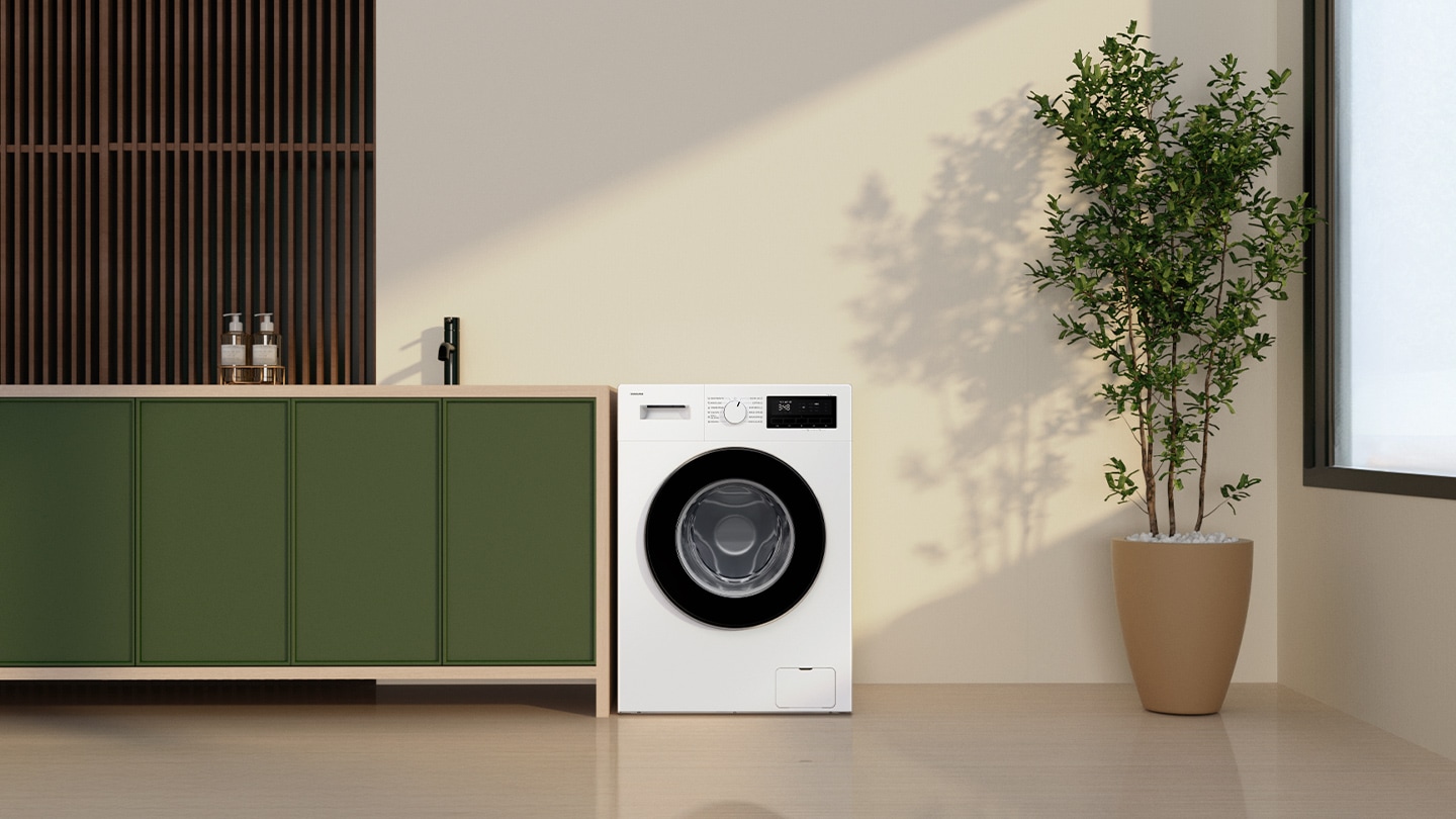 The washer is installed in a modern laundry room.