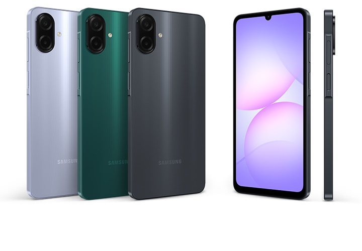 Galaxy A07 shown in black, light violet, and green from multiple angles, highlighting its sleek and slim design.