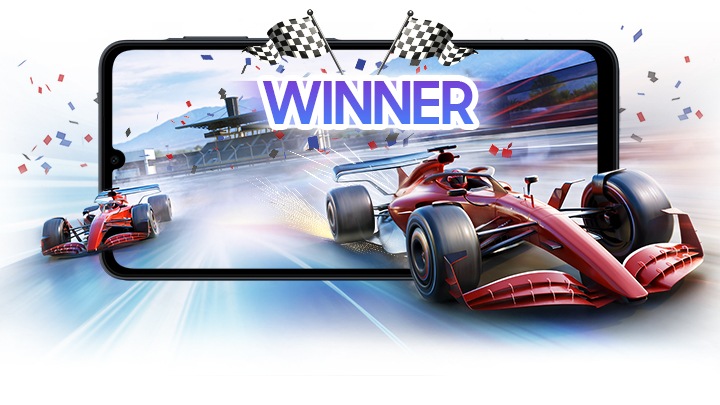 Galaxy A07 display showing a high-speed racing game, emphasizing power for gaming, streaming, and multitasking.