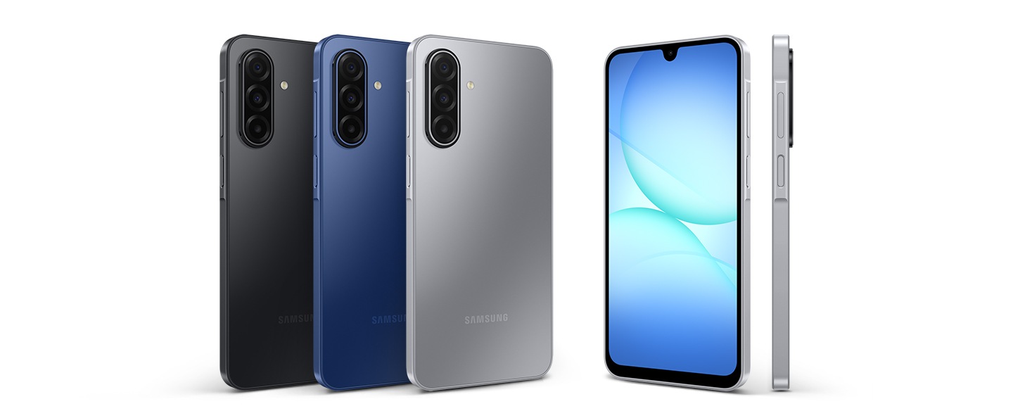 Galaxy A17 5G shown in black, blue, and gray from multiple angles, highlighting its sleek, slim, and stunning design.