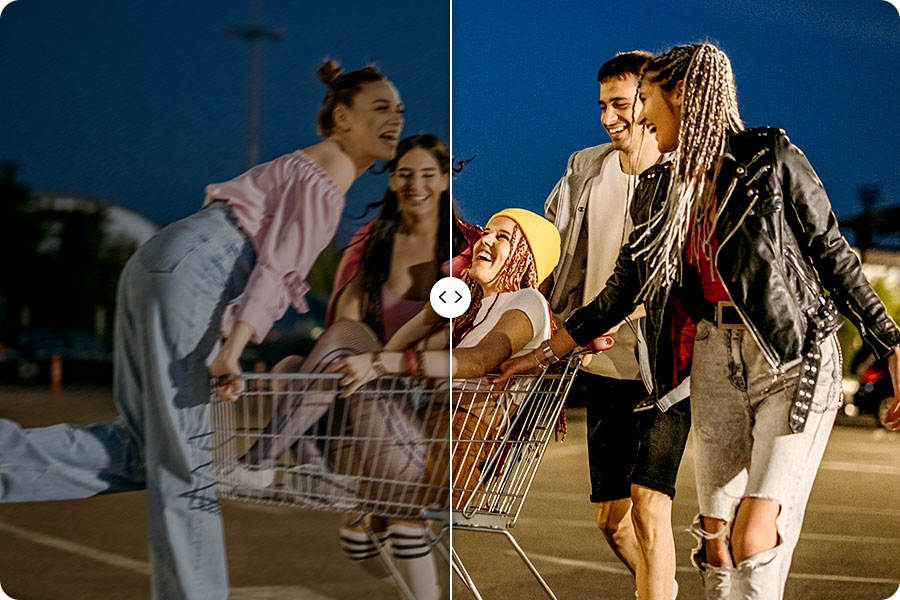 Side-by-side comparison of a night photo, showing improved brightness and clarity with Galaxy A17 5G camera.