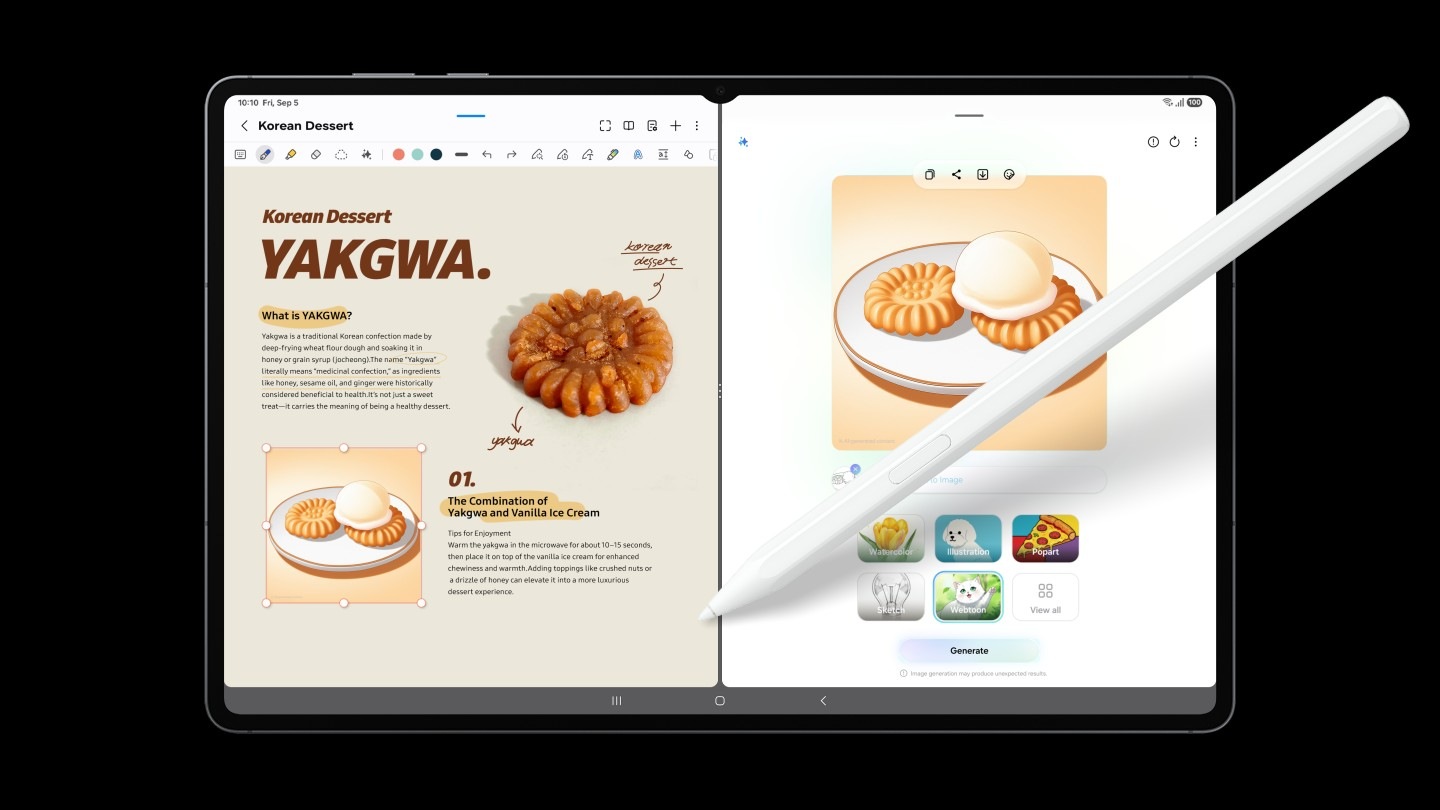 Galaxy Tab S11 Ultra screen is shown in split view. On the right, Drawing Assist is open with an S Pen sketching a scoop of vanilla ice cream on top of Yakgwa. The S Pen taps the Webtoon option and selects Generate, turning the sketch into a 3D cartoon. The AI-generated image is then dragged and dropped into Samsung Notes app open on the left.
