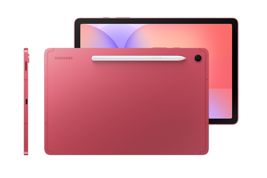 Galaxy Tab S10 Lite in Coralred displayed horizontally with an S Pen magnetically attached to the top side, highlighting easy pen storage. Behind it, another Galaxy Tab S10 Lite in Coralred shows a vibrant screen with colorful wallpaper, emphasizing the large display for immersive viewing. A side view showcases the sleek 6.6 mm thin design that sets it apart as a stylish, modern tablet.