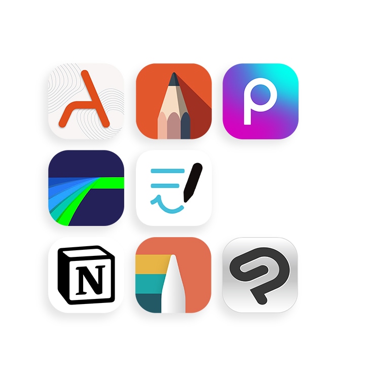 App icons of Clip Studio Paint, Goodnotes, LumaFusion, Notion, Noteshelf 3, ArcSite, Sketchbook and Picsart.
