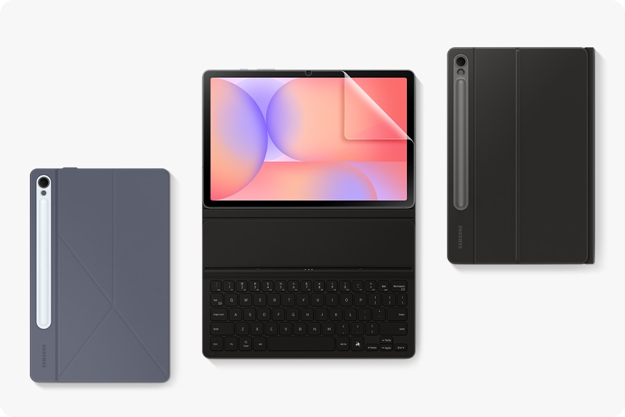 Flat lay view of Galaxy Tab S10 Lite paired with Smart Book Cover featuring an S Pen compartment on the side, next to one with Book Cover Keyboard Slim attached and Anti-Reflecting Screen Protector applied. On the right, another device is shown with Book Cover Keyboard and an S Pen compartment visible, highlighting accessory compatibility and protective options.
