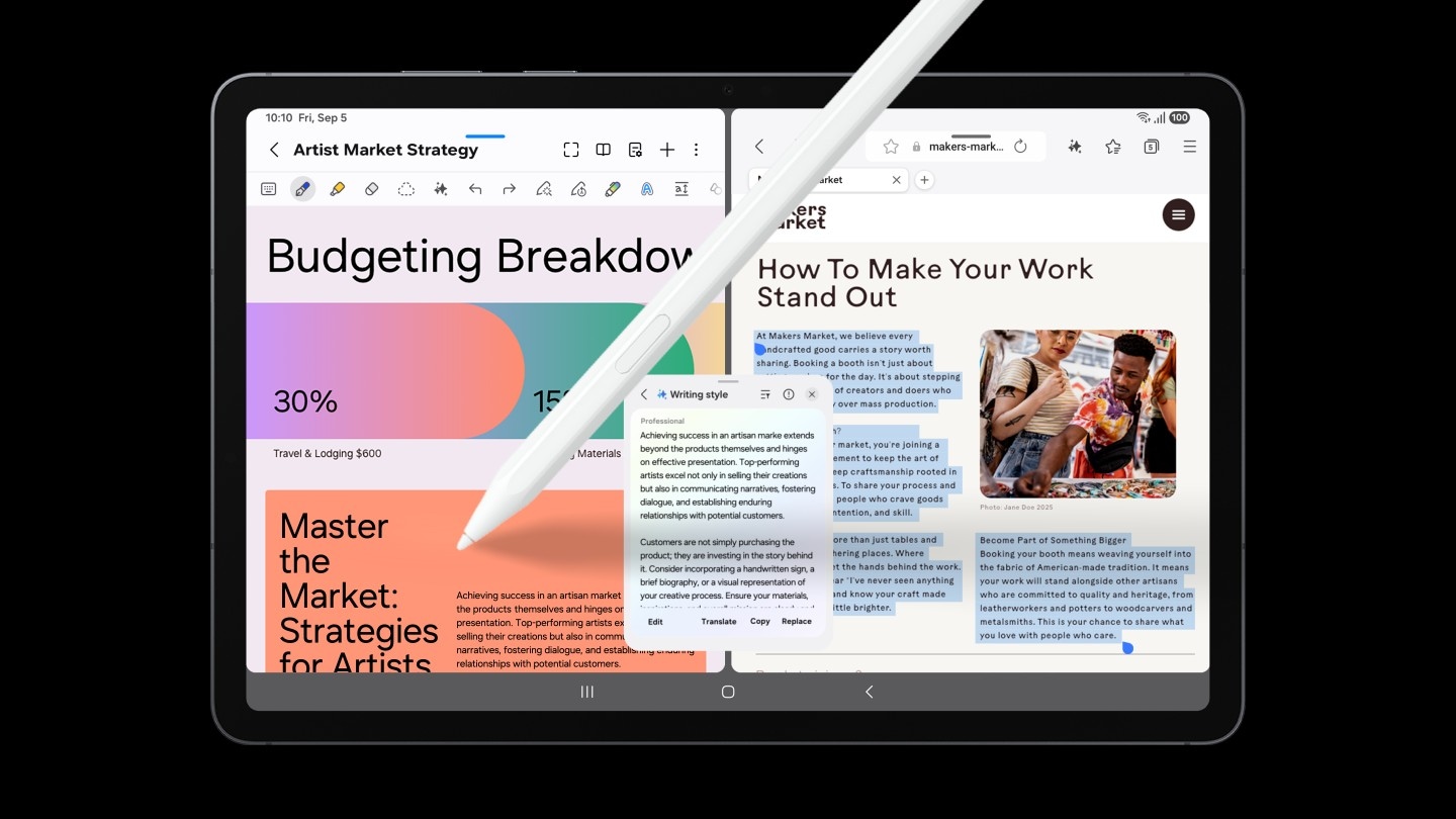Galaxy Tab S11 is shown in split view with a webpage open on the right. A section of text on the webpage is highlighted with a pop-up menu open. An S Pen selects Writing style instantly transforming the text into a professional tone. The S Pen copies the first paragraph of the AI-generated text, drags and drops it into Samsung Notes app open on the left side of the screen.