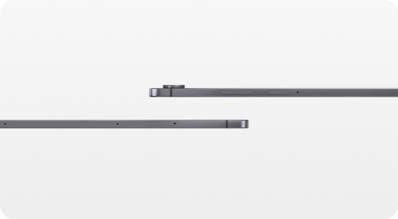 Side view of two Galaxy Tab S11 devices stacked, showcasing the camera layout and sleek design.