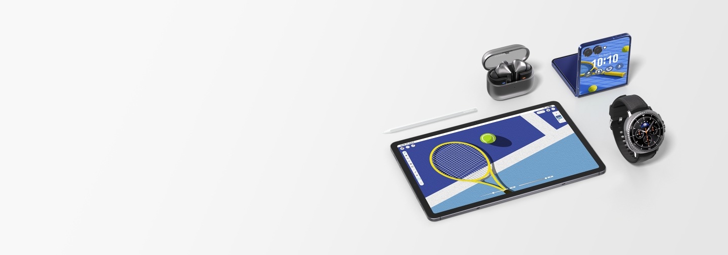 A flat lay of Galaxy Tab S11 displaying a colorful drawing in Clip Studio Paint app, surrounded by a half-open Galaxy Z Flip7 with a similar image onscreen, Galaxy Watch8 Classic, Galaxy Buds3 Pro and S Pen.