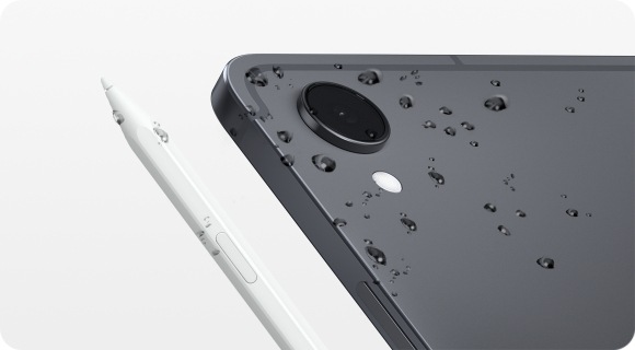 A close-up of Galaxy Tab S11 and S Pen with water droplets across the devices to demonstrate their IP68 water resistance for added durability in everyday conditions.