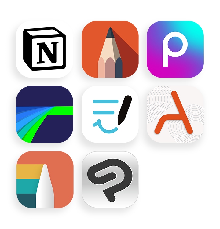 App icons of Notion, Sketchbook, Picsart, LumaFusion, Goodnotes, ArcSite, Noteshelf 3, and Clip Studio Paint.