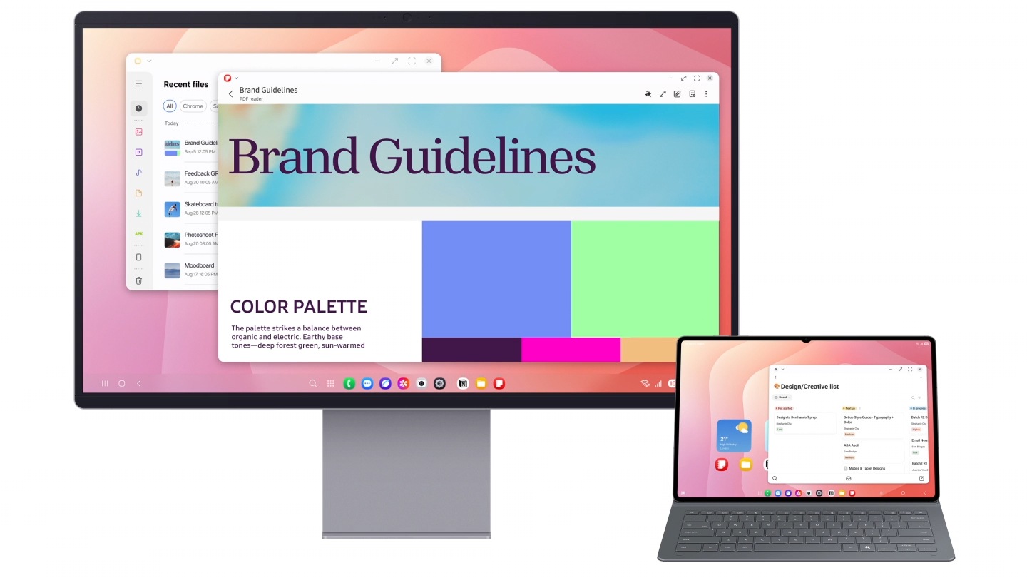 Galaxy Tab S11 Ultra in a Book Cover Keyboard Slim displays the Notion app in use. A folder is open with a list of recent files. The view zooms out to reveal a second screen connected on the left. The folder is dragged from the tablet to the second screen and a file in the folder is open in Samsung Notes app.