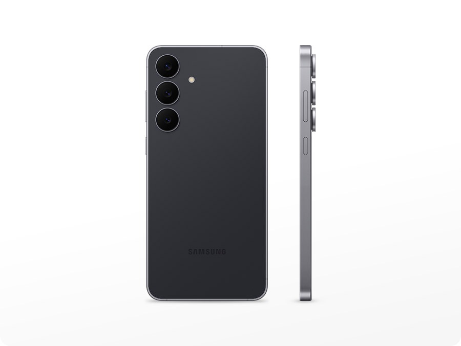 Two Galaxy S25 FEs are standing side by side. The Jetblack one on the left has its back facing forward, while the one on the right has its left side facing forward.