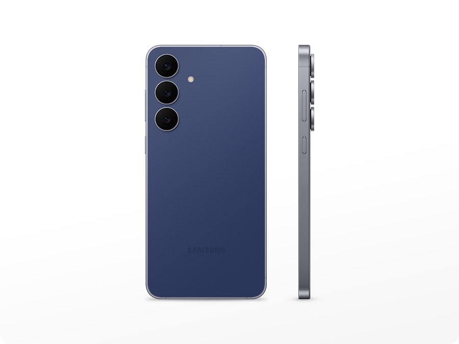 Two Galaxy S25 FEs are standing side by side. The Navy one on the left has its back facing forward, while the one on the right has its left side facing forward.