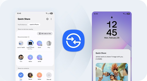 The left phone's screen lists files and contacts available for sharing, while the right phone displays a notification for an incoming 'Quick Share' transfer with a preview of shared images, Quick Share icon in the center.