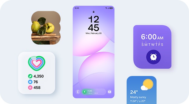 A smartphone lock screen showing Samsung Health Running tracker in the Now Bar at the bottom of the screen, with widgets for Gallery, Daily Activity, Alarm and Weather shown around the screen.