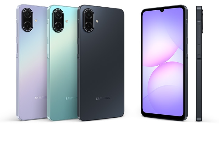 Galaxy A07 5G shown in black, light violet, and light green from multiple angles, highlighting its sleek and stylish design.