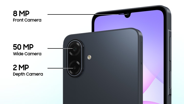 Two Galaxy A07 5G devices. One viewed from the back, showcasing the 50 MP Wide Camera and 2 MP Depth Camera. The other viewed from the front, highlighting the 8 MP Front Camera.