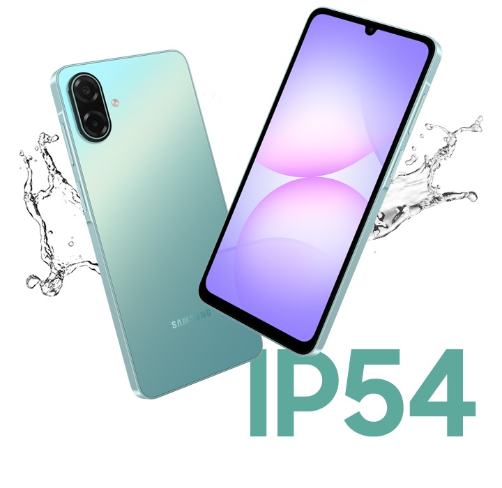 Two Galaxy A07 5G devices. One shows its back, while the other faces forward. Splashes of water beside the devices highlight their water resistance. At the bottom right is the text IP54.