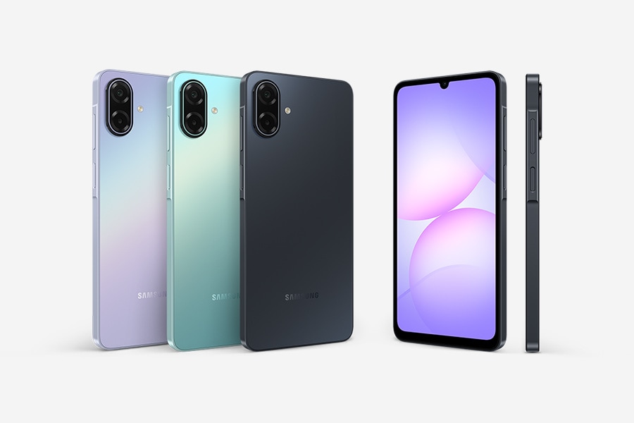 Galaxy A07 5G shown in black, light violet, and light green from multiple angles, highlighting its sleek and stylish design.