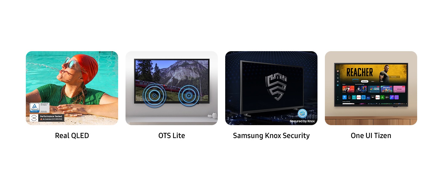 Màn hình QLED thực sự với chứng nhận TUV Rheinland về Màn hình chấm lượng tử thực sự và chứng nhận SGS về Kiểm tra hiệu năng không phát hiện Cadmium, OTS Lite, bảo mật Samsung Knox với logo Được bảo mật bởi Knox và giao diện người dùng One UI Tizen được giới thiệu là những tính năng chính của TV Samsung Q5F. Màn hình QLED thực sự giúp màu sắc hiển thị tươi sáng và sống động, OTS Lite phát sóng âm thanh trên màn hình, bảo mật Samsung Knox hiển thị logo Samsung Knox trên nền đen và One UI Tizen hiển thị nhiều tùy chọn giải trí và phát trực tuyến.