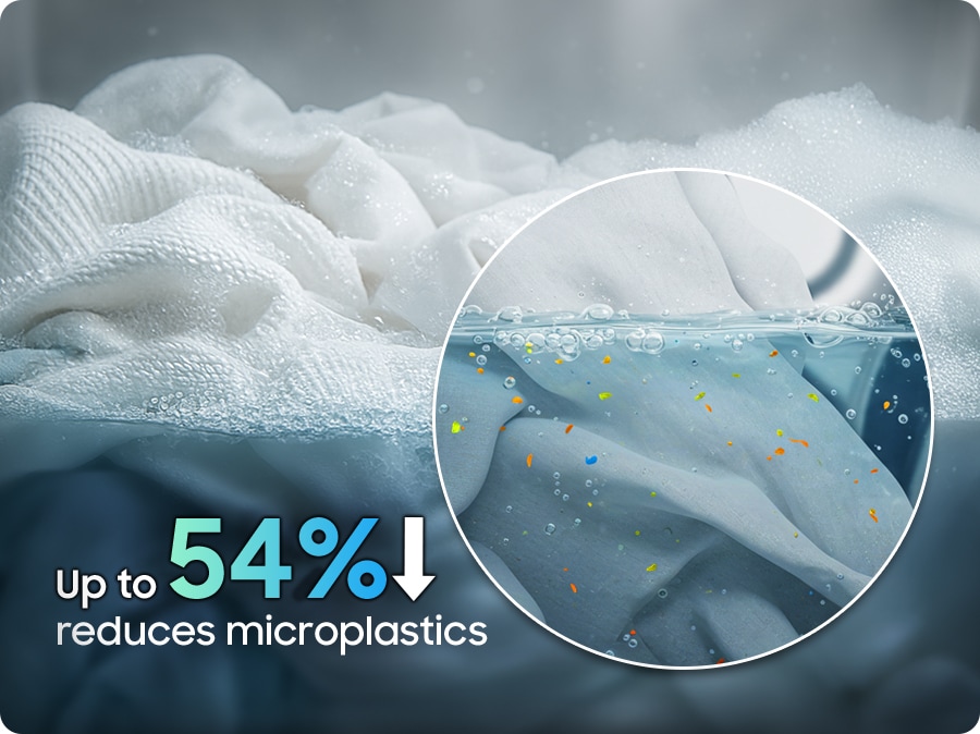 The laundry is immersed in foamy water. A close-up shows microplastic fragments in the water. The ‘Less Microfiber cycle' course reduces microplastics up to 54%. 